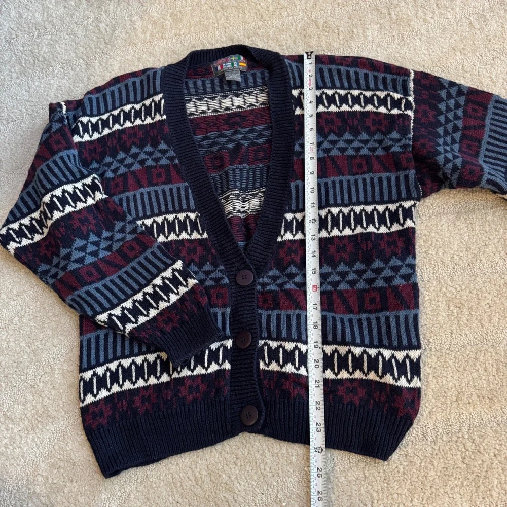 Paris Sport‎ Club Vintage Fair Isle Cardigan Sweater Navy Burgundy Geometric L